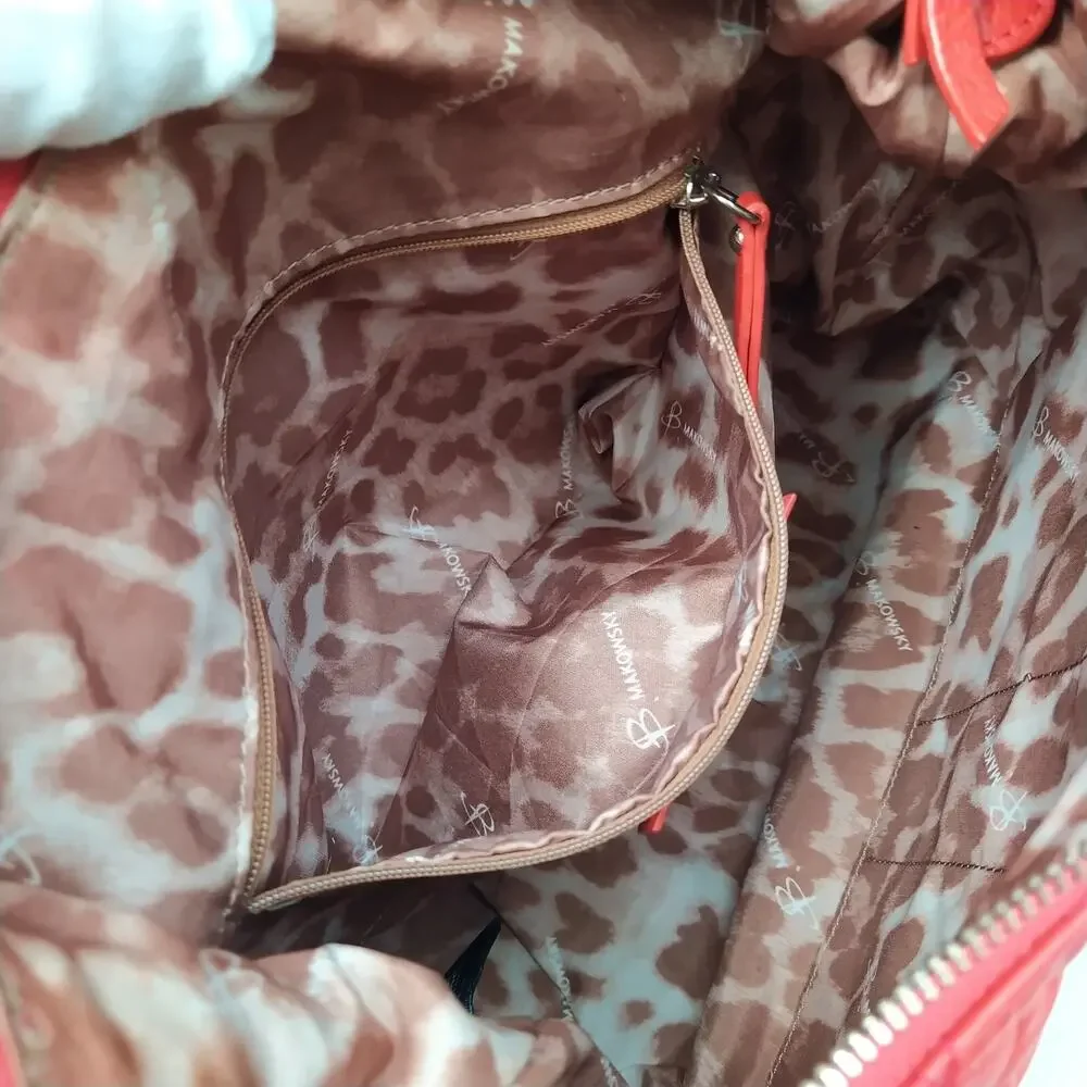 B. Makowsky Red Leather Quilted Chain Strap Zipper Hobo Shoulder Bag